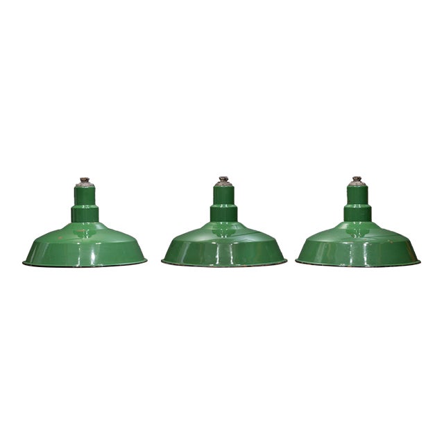 Vintage 18" Enameled Porcelain Green Industrial Pendant Lights c.1930-Set of 3 For Sale