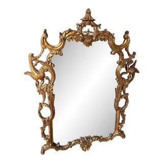 1960s Gilt Wood Pagoda Mirror Hand Carved With Ho Ho Birds and Bells George III Style For Sale