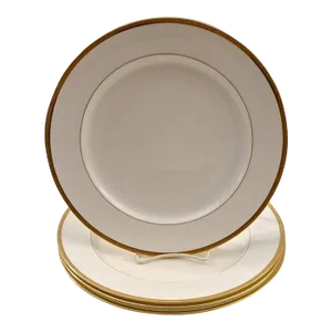 Circa 1910 Mintons H969 for Burley & Co. Gold Encrusted Sunburst Scroll Dinner Plates- Set of 4