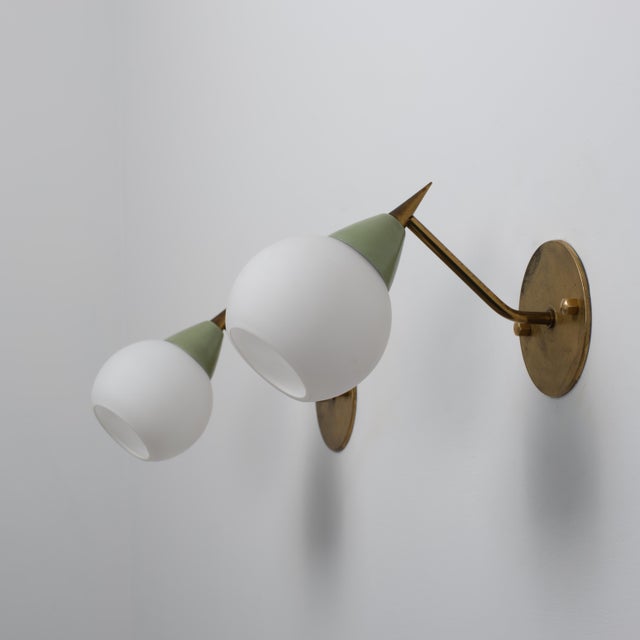 Mid-Century Modern Italian Brass and Opaline Glass Sconces with Light Green Details, 1950s, Set of 2 For Sale - Image 3 of 9