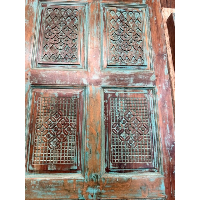Wood Antique Blue Carved Reclaimed Wood Barn Door – Vintage Architectural Accent 96x36 For Sale - Image 7 of 10