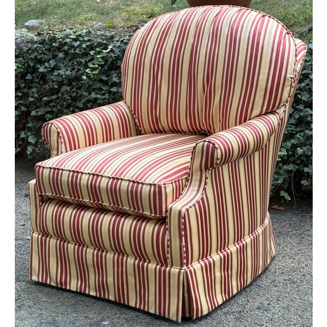 Calico Corners Rolled Arm Skirted Swivel Lounge Chairs - A Pair For Sale - Image 4 of 9