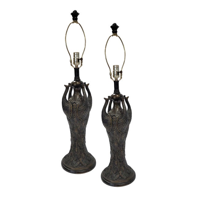 Pair of Peacock Motif Table Lamps For Sale