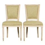 Antique French Louis XVI Style Painted Accent Side Chairs in Light Green Fabric - A Pair For Sale