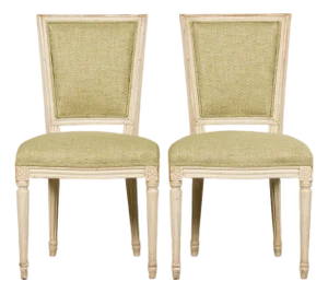 Antique French Louis XVI Style Painted Accent Side Chairs in Light Green Fabric - A Pair