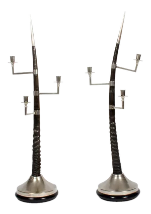 Large Oryx Horn Three-Arm Candelabra - A Pair