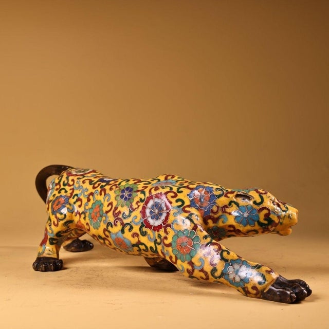 Metal Gilt Bronze Cloisonné Enamel Leopard Figure in Stalking Pose For Sale - Image 7 of 10