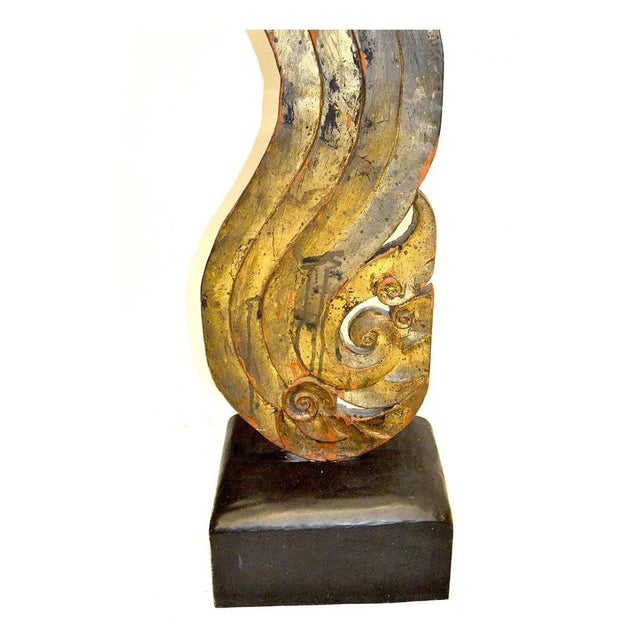 Asian Pair of Gilt Wood Asian Naga Sculptures on Ebonized Bases For Sale - Image 3 of 4