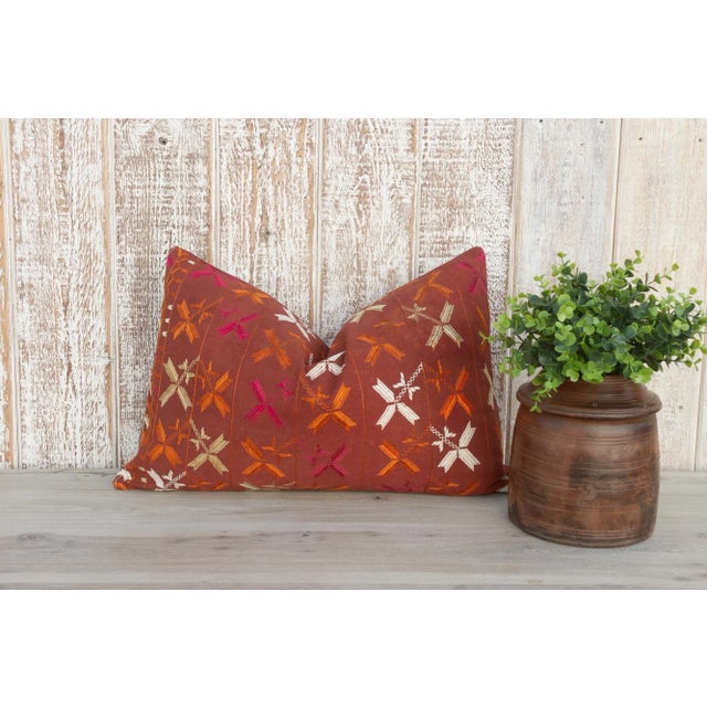 Red Hanya Antique Indian Folk Lumbar Pillow For Sale - Image 8 of 9