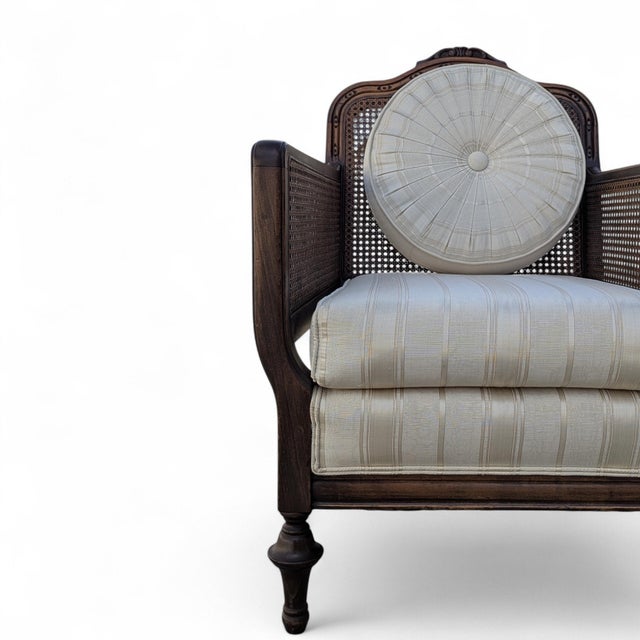 Late 20th Century French Provincial Cane Armchair With Striped Upholstery For Sale - Image 10 of 14