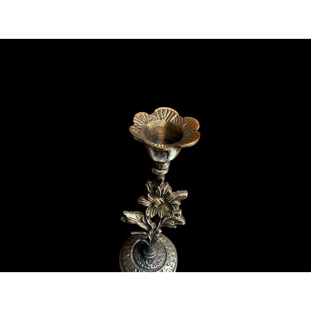 Metal Handmade Antiqued Brass Floral Candlestick Pair For Sale - Image 7 of 8