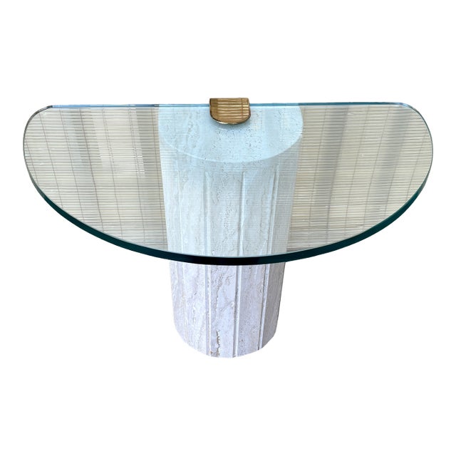 Postmodern Marble and Brass Half-Moon Shaped Side Table in the Artedi Style. Circa 1980s. For Sale