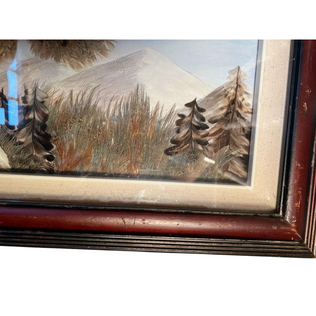 Wood 1980s Pair of Wolves Feather Picture For Sale - Image 7 of 8