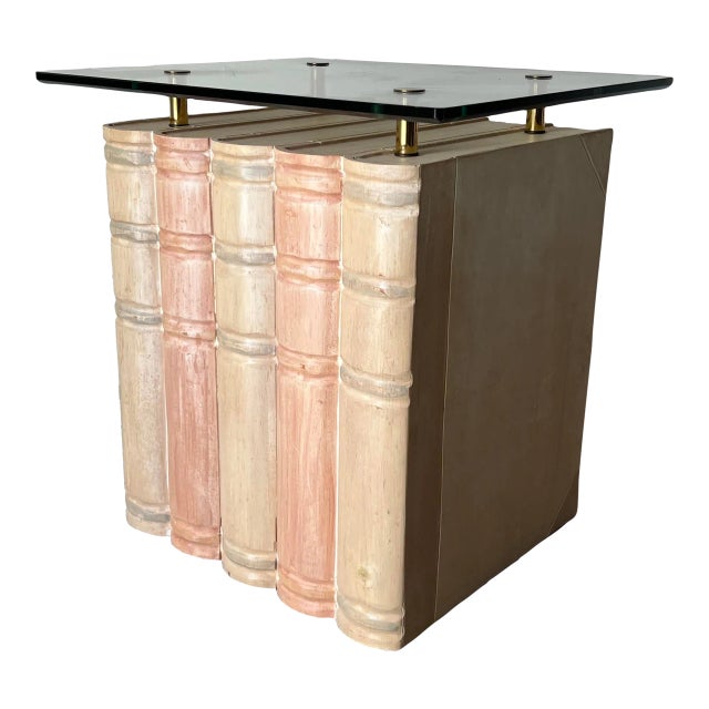 Vintage Sculptural Books - Shape Side Table W/ Glass Top For Sale