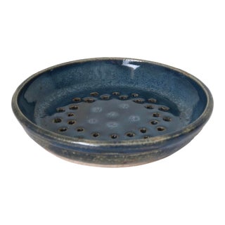 Signed Studio Pottery Ceramic Colander Dish in Mottled Blue Glaze For Sale