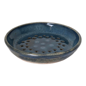 Signed Studio Pottery Ceramic Colander Dish in Mottled Blue Glaze