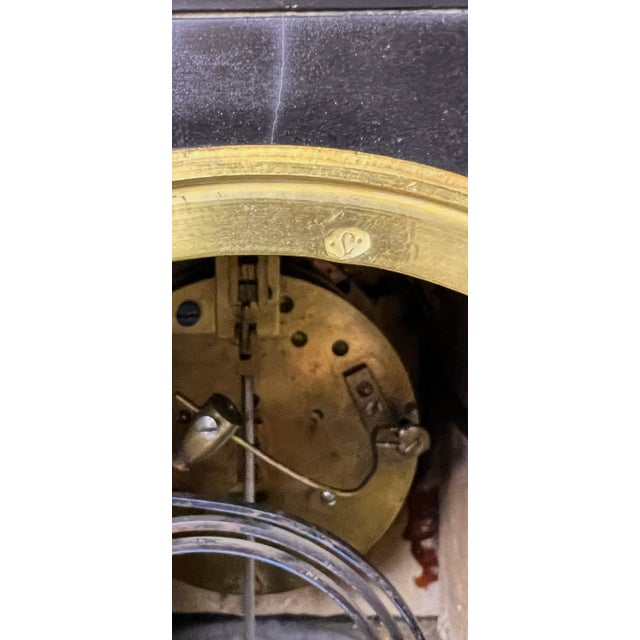 Antique French Belgian Black Slate Mantle Clock With Open Escapement and Malachite Inlay For Sale - Image 14 of 15