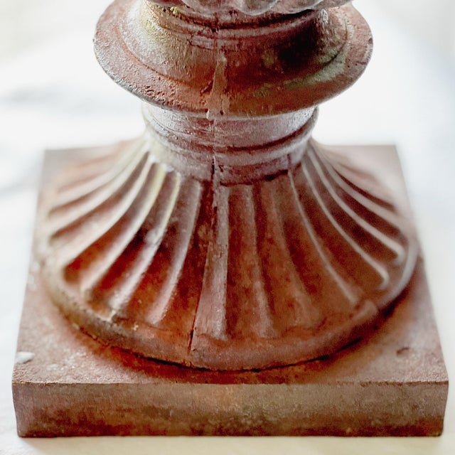 Brown Large Ornate Antique French Cast Iron Urn With Cherub and Pheasant Design For Sale - Image 8 of 11