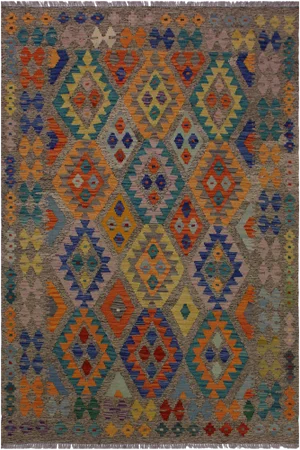 Contemporary Kilim Brown/Blue Hand-Woven Wool Rug - 5'0 X 6'6