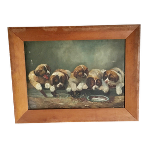 1940s Great Vintage Oil Painting of Saint Bernard Puppies