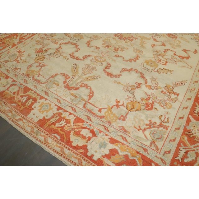 Antique Zabihi Collection Ivory Orange Turkish Oushak Room Size Carpet - 10'7" x 13'3" For Sale In New York - Image 6 of 12