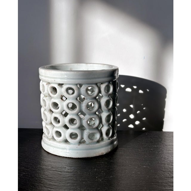 Korean Reticulated Celadon Brush Holder For Sale - Image 4 of 11