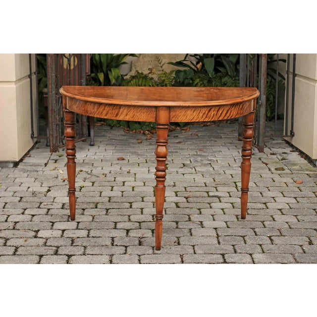 French Pair of French Maple Demilune Tables with Turned Legs from the 1840s For Sale - Image 3 of 10