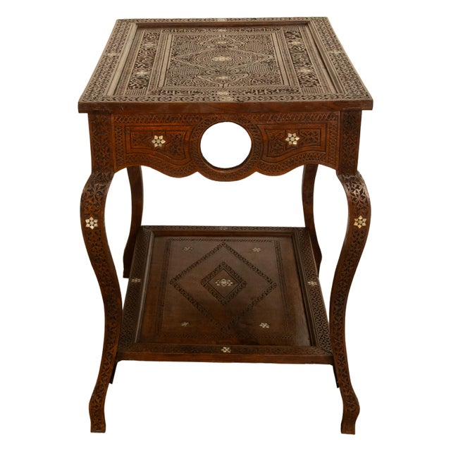 Brown Antique Islamic Moorish Arab Mother-of-Pearl Inlaid & Carved Table Damascus 1890 For Sale - Image 8 of 12