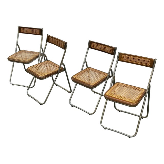 Four MCM Industrial Cane Mid Century Folding Chairs For Sale
