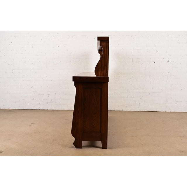 Antique Arts & Crafts Carved Oak Sideboard or Bar Cabinet With Stained Glass Doors, Newly Refinished For Sale - Image 13 of 15