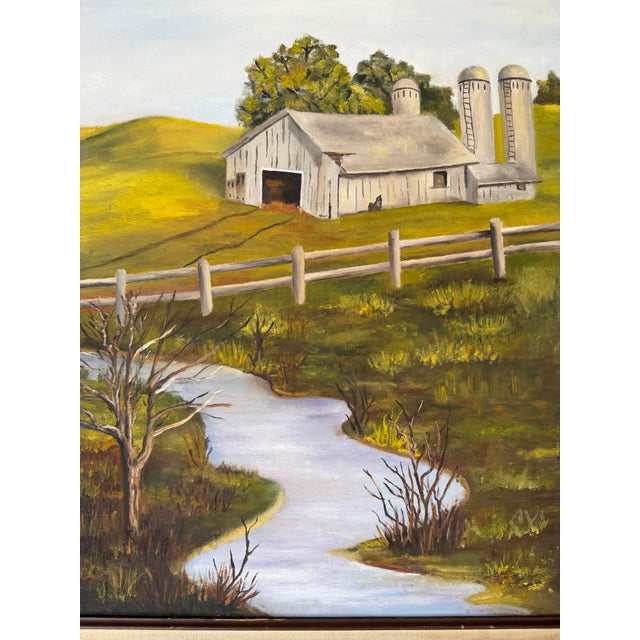 1970’s Vintage Impressionist Farm River Landscape Oil on Canvas Painting, Framed For Sale - Image 9 of 11