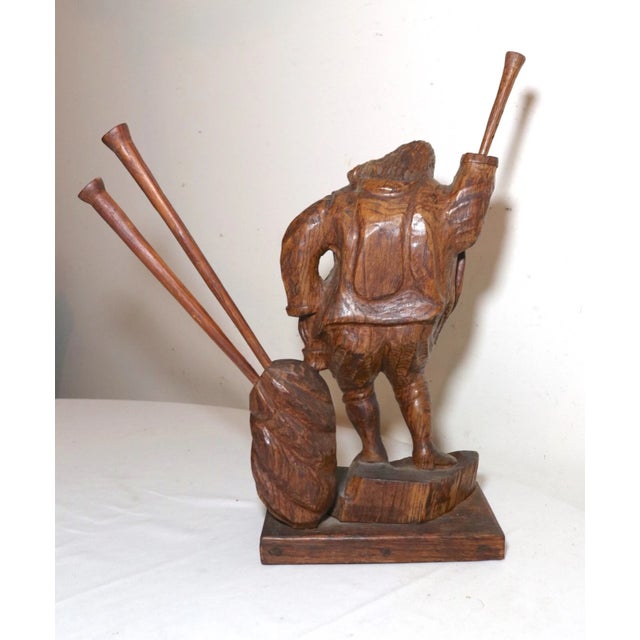 1940s Obscure Folk Art Hand Carved Wood Figural Man Trumpet Sculpture Statue For Sale - Image 11 of 12