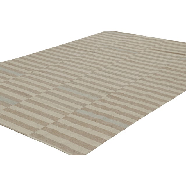 Rug & Kilim Rug & Kilim’s Contemporary Kilim With Textural Beige, Taupe and Blue Stripes For Sale - Image 4 of 7