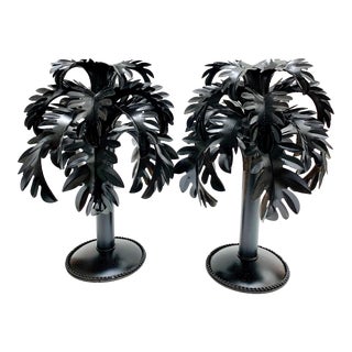 Vintage Black Metal Palm Tree Candleholders- Set of Two, a Pair For Sale