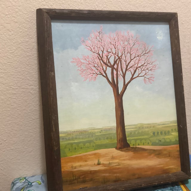 1970s Folk Art Style Pink Flowering Tree in Spring Landscape, Oil on Board Unsigned For Sale - Image 5 of 6