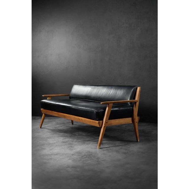 Mid-Century Modern Mid-Century Modern German Oak and Black Leather Sofa, 1960s For Sale - Image 3 of 18