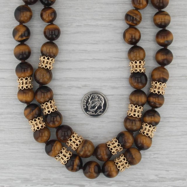 2010s Vintage Tiger's Eye Double Strand Bead Necklace 14k Gold Statement 18" For Sale - Image 5 of 5