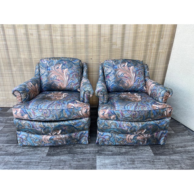 A Pair of Vintage Mid Century / Hollywood Regency Upholstered Lounge Chairs. Circa 1970s For Sale - Image 18 of 18