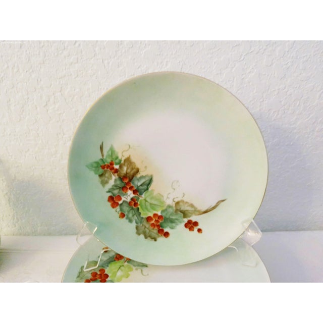 Beautiful set of German china dinnerware in a delicate hand-painted cherry and leaf design in shades of red and green. Set...