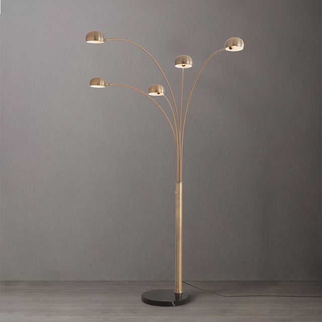 Mid-Century Modern Quinto Arc Lamp - Weathered Brass Steel, Black Marble Base, Mushroom Shade, Dimmable For Sale - Image 3 of 8
