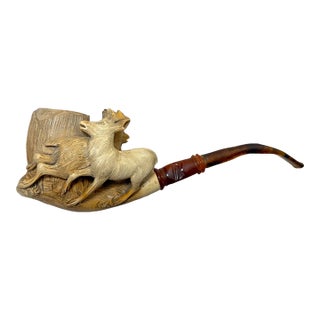 Huge Antique 1894 Hand Carved Buck Deer Figural Meerschaum Smoking Pipe Amber For Sale