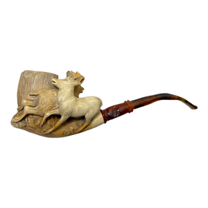 Huge Antique 1894 Hand Carved Buck Deer Figural Meerschaum Smoking Pipe Amber