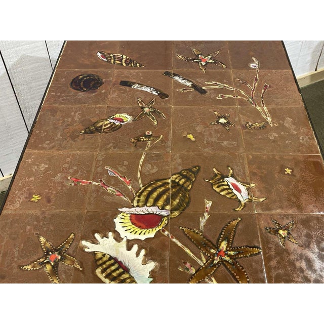 Wrought Iron Console Table with Tiled Earthenware Top and Seabed Decoration, 1950s For Sale - Image 11 of 18