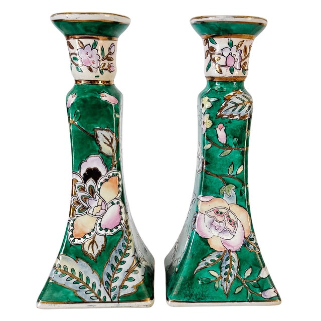 Vintage Chinese Famille Verte Floral Porcelain Candlesticks - A Pair For Sale In San Diego - Image 6 of 10