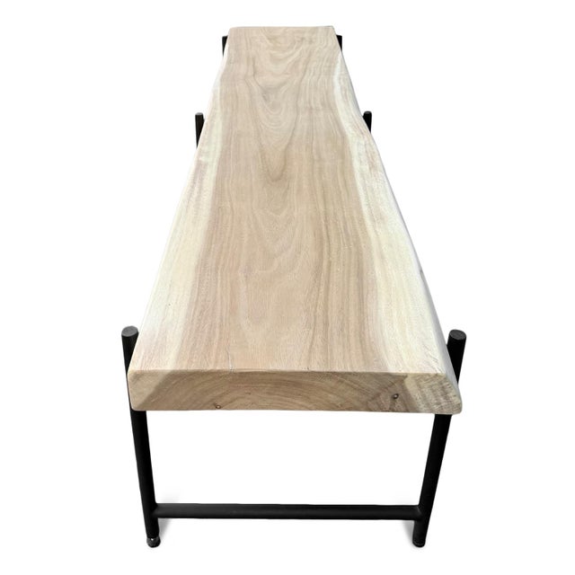 Contemporary Modern Acacia Slab & Iron Bench For Sale - Image 3 of 6