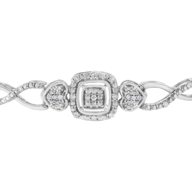 Haus of Brilliance .925 Sterling Silver Diamond Cushion Frame Heart-Sides Twist 4”-10” Adjustable Bolo Tennis Bolo Bracelet (I-J Color, I3 Clarity) For Sale - Image 4 of 6