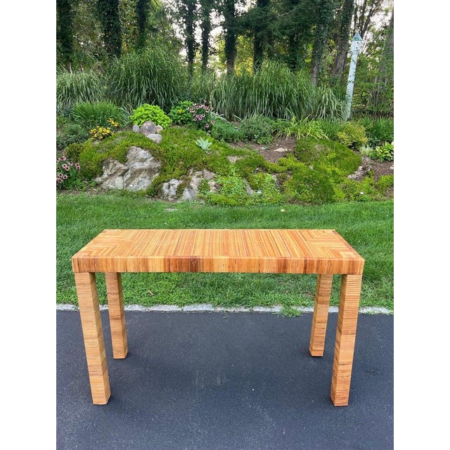 Mid-Century Modern Billy Baldwin Style Wrapped Wicker Console Table With Minimalist Design For Sale - Image 3 of 18