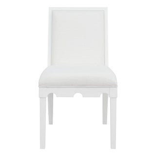 Matthew Izzo Home Lanister Matte White Lacquer Dining Chair With Performance Linen Upholstery For Sale