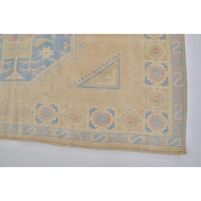 Vintage Anatolian Wool Area Rug, Light Sand Field With Soft Blue Geometric Medallions For Sale - Image 10 of 10