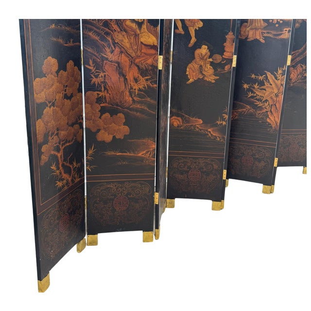 Chinese Large Chinese Eight-Panel Black Lacquer Folding Screen With Scholar Landscape, Circa 1925–1940 For Sale - Image 3 of 13